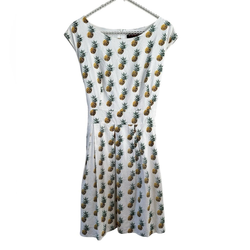 PINEAPPLE PRINT SLEEVELESS BELTED SUMMER DRESS M - Picture 3 of 10